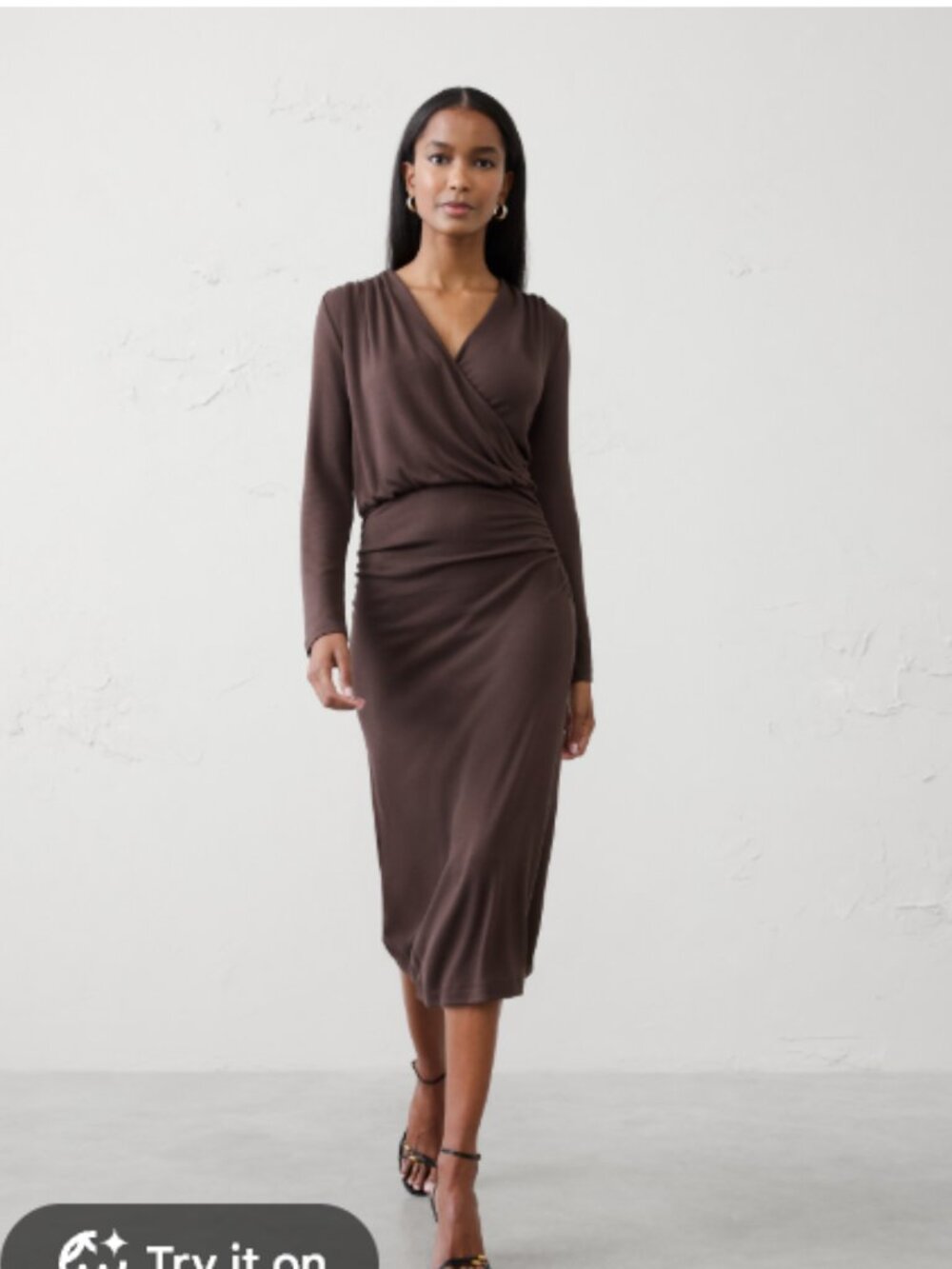 Banana Republic Brown Soft Luxe Long Sleeve Ruched Midi Dress size Small